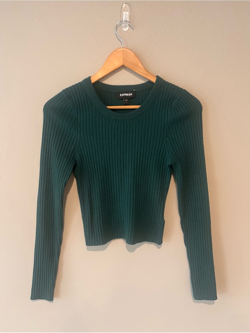 Express Women's Dark Green Ribbed Long Sleeve Crew Top